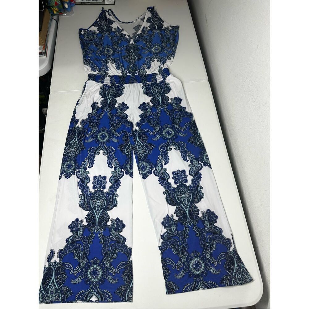 INC Womens Jumpsuit Black Blue Large L Striped Wide Leg Pockets See Description - Picture 6 of 16